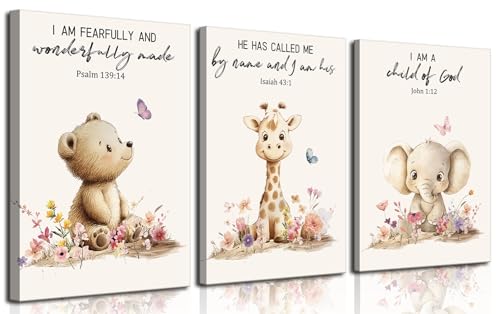 Image of 3Pcs Nursery Animal Bible Verse Canvas Wall Art Cute Bear Elephant Giraffe Wall Decor Pictures Christian Baby Nursery Posters Prints for Kids Boys Girls Room Home Decoration 12x16in
