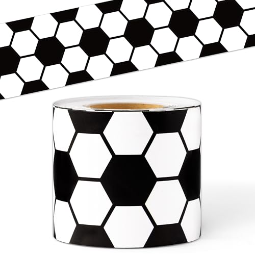Image of BeYumi Soccer Sport Border Trim - 65ft Back to School Soccer Patterned Straight Rolled Border Trim Black White Football Sports Theme Bulletin Board Set Party School Classroom Chalkboard Wall Decor