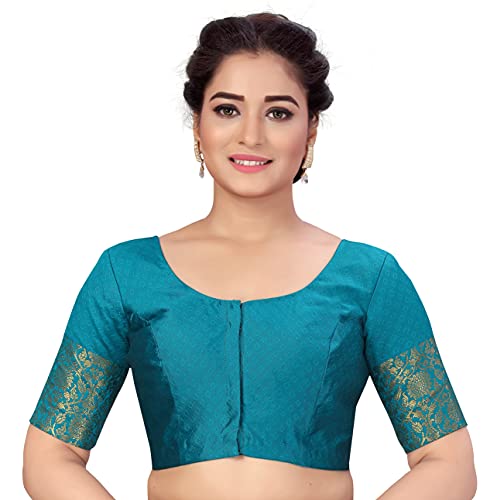 Image of Studio Shringaar Women's Readymade Brocade Saree Blouse with Kanjivaram Border Elbow Length Sleeves