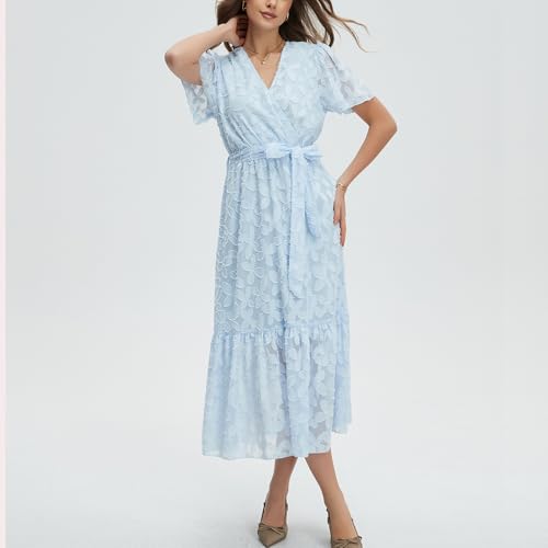 Image of Women's Summer Bohemian Floral Chiffon Dress Cap Sleeve V Neck Ruffle Long Flowy Boho Casual Vacation Dresses