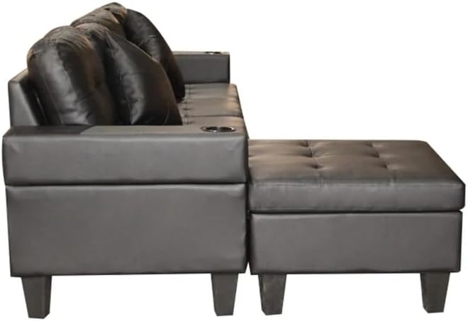 Sectional Sofa Set for Living Room with L Shape Chaise Lounge,Cup Holder and Left Or Right Hand 4 Seat Black PU
