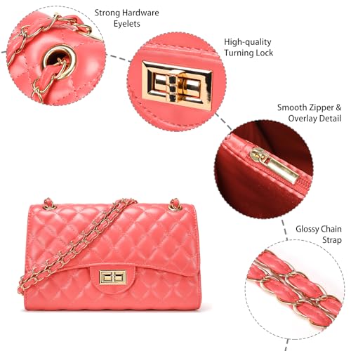 Image of Quilted Leather Crossbody Bags for Women Trendy Ladies Shoulder Purse Satchel HandBag with Chain Strap