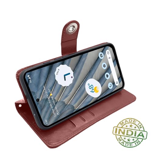 Image of Pikkme Google Pixel 7A Flip Cover Leather Finish | Inside TPU with Card Pockets | Wallet Stand and Shock Proof | Complete Protection Button Flip Case (Brown)