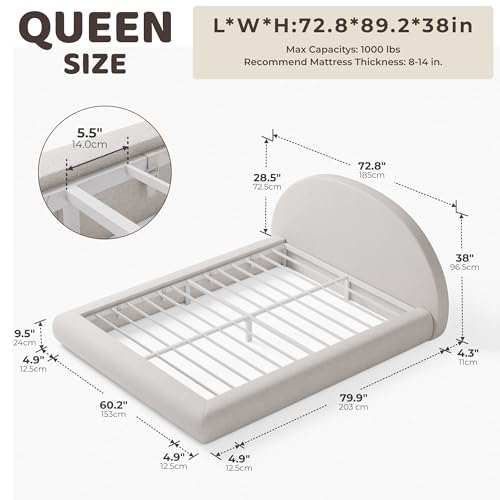 Image of RECCI AirFrame Half-Moon Upholstered Queen Platform Bed Frame, Velvet Curved Arched Base with Headboard, 5 Inch Fully Round Cushioned Foam, No Box Spring Needed, Easy Assembly