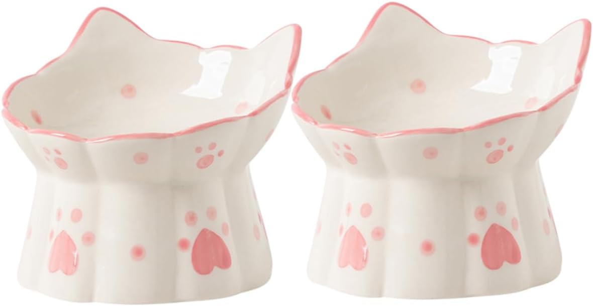 2pcs Reusable Elevated Cat Bowl with Cute Cat Ear Design Non Slip Ceramic Pet Feed Bowl for Food and Water Prevents Spills and Overturns Present for