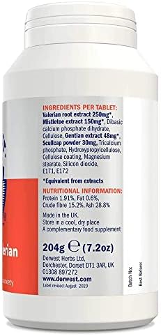 DORWEST HERBS Scullcap & Valerian Calming Tablets for Dogs and Cats, 500 Tablets, Natural Dog Calming Supplements for Stress and Anxiety Relief  Sugar-Free, Non-Drowsy, Light Yellow Tablet, 14DOR018