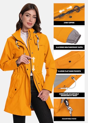 ATLASLAVA Regenjacke Damen Lang Wasserdicht Kapuze Regenmantel übergangsjacke Trenchcoat Outdoor Mantel Gelb L
