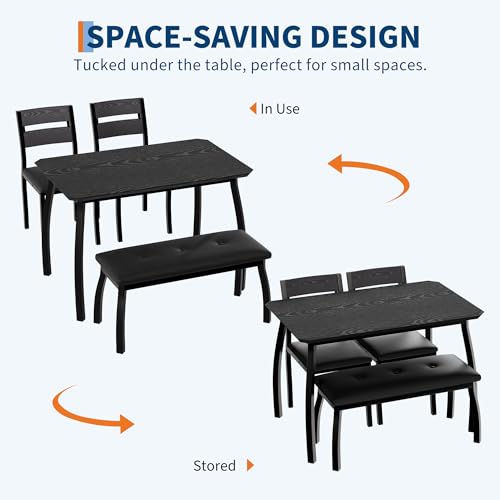 GAOMON Dining Table Set for 4, Wooden Kitchen Table with Upholstered Bench & 2 Cushion Chairs, Space-Saving Dinette Set for Studio, Kitchen, Dining Room, Apartment(43''x28''x30''), Black