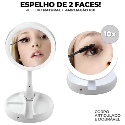 Espelho Facial Premium LED Articulável, Aumento 10x, Dupla Face Para Maquiagem, Barbear, Dobrável, O