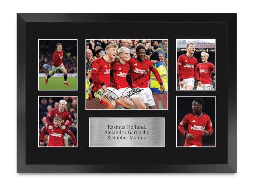 HWC Trading Hojland, Garnacho & Mainoo 16 x 12 inch Printed Memorabilia Signed Autograph Photograph Display for Soccer Fans and Supporters - 16" x 12" Framed