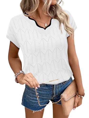 Image of WIHOLL Womens Summer Tops Cap Sleeve Sweater V Neck Shirts Beach Vacation Clothes Business Casual Fashion Clothing