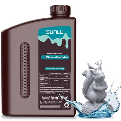 SUNLU 2KG Water Washable Resin 3D Printer Resin Grey Easy Post-Processing 405nm UV-Curing Standard Photopolymer Resin for LCD/DLP/SLA 3D Resin Printer High Precision & Low Shrinkage Grey 2000g