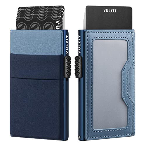 VULKIT Minimalist Wallet with ID Window & EDC Pocket Pop Up Card Holder RFID Blocking Slim Wallet Design for Airtag Cash Coins & Credit Cards, Navy, One Size, Minimalist