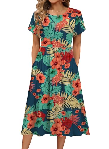 Image of HOTOUCH Women's Summer A-Line Midi Dresses 2026 Casual Floral Short Sleeve T-Shirt Dress Flowy Beach Sundress with Pockets