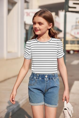 Image of Arshiner Girls Puff Short Sleeve Shirts Summer Ribbed Knit Crewneck T Shirt Tops Tee Blouse