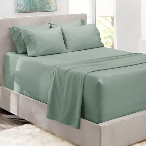 Hearth & Harbor Extra Deep Pocket Queen Sheets Sets - Fits Mattress 18-24 Inches Deep - Extra Deep Pocket Sheets - 6 Piece Queen Size Sheets - Sage Green New