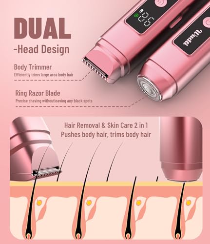 Image of Electric Bikini Trimmer for Women: IPX7 Waterproof Dual Head Cordless Electric Shaver for Women with LED Display & 0.5mm Ceramic Blades for Pubic Hair, Face, Legs - Rose Pink
