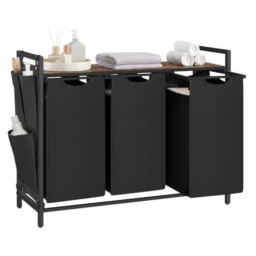 VASAGLE Laundry Hamper with Shelf, 3 Pull-Out Bags, 3 x 10.6 Gallons (40 L)