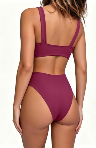 Image of geluboao Bikini Set for Women Solid V Neck Knot Front Push Up High Leg Thong Two Piece Swimsuit