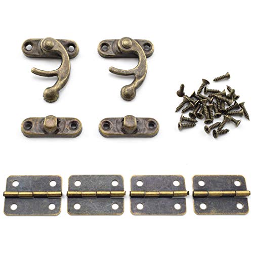 SDTC Tech Retro Design Jewelry Box Antique Right Latch Hook and Vintage Bronze Hinge with Matching Screws Kit for Decorative Cabinet Small Wooden Box Project (2X Hasp Catch + 4X Hinges)
