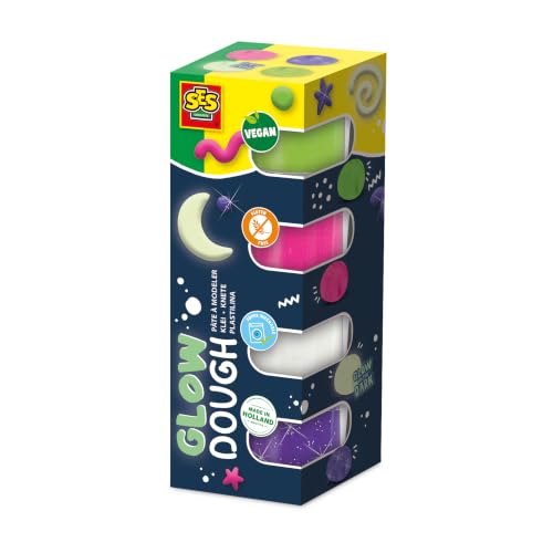 Ses Creative Pâte à Modeler Feel Good Brillant | Activité sensorielle | Brille dans Le Noir | Vegan | pour Les Enfants | Plusieurs Couleurs | 4 Pots de 90 g