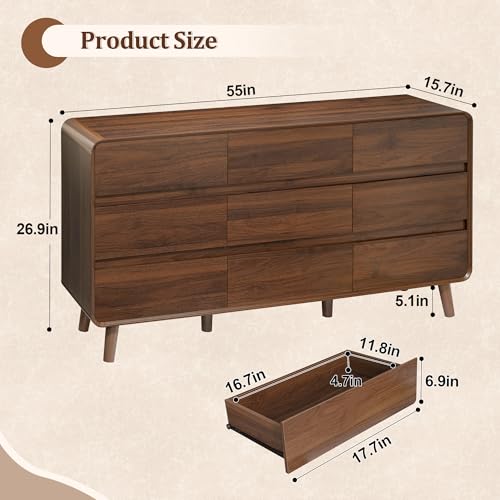 Image of Nasonet 9 Drawer Dresser for Bedroom, Mid Century Modern Wood Chest of Drawers, Wide Storage Drawer Dresser TV Stand, Walnut