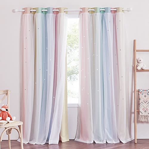 NICETOWN Star Blackout Curtains for Kids Rooms Girl Princess Double Layer Curtains for Daughter Bedroom Window/Thanksgiving (W52 x L84 inches, Pink Ye