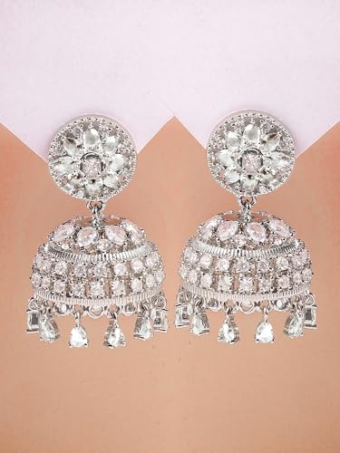 Image of Karatcart Women Silver Plated Blue American Diamond Studded Jhumki Earrings
