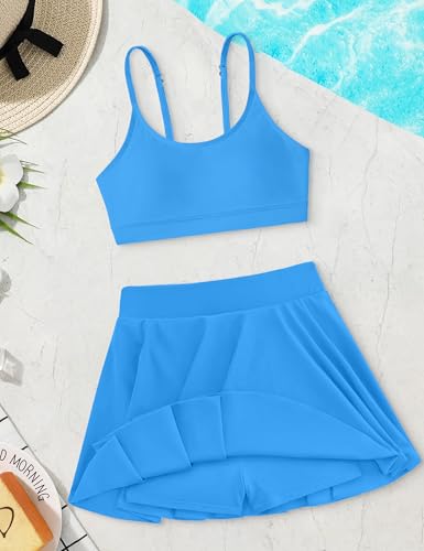 Girls Swimsuits Solid Color Bathing Suits + Pleated Skirts with Shorts 2 Piece Kids Bikini Set4