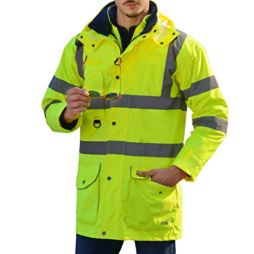 Holulo Waterproof Safety Jcaket High-Visibility Clothes Neon Yellow 7-in-1 Reflective Bomber Jacket Zipper XL