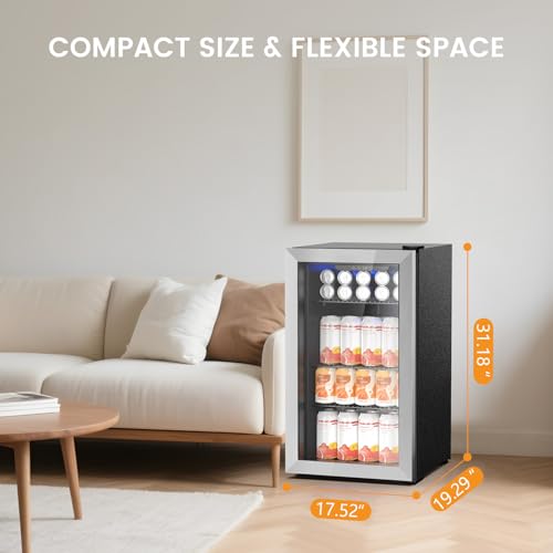 Image of Electactic 130 Can Beverage Refrigerator Built In Freestanding Wine Fridge with Stainless Steel Reversible Glass Door, Quiet Compressor LED Touch Control for Home Kitchen Bar, 3.2 Cu.ft Silver