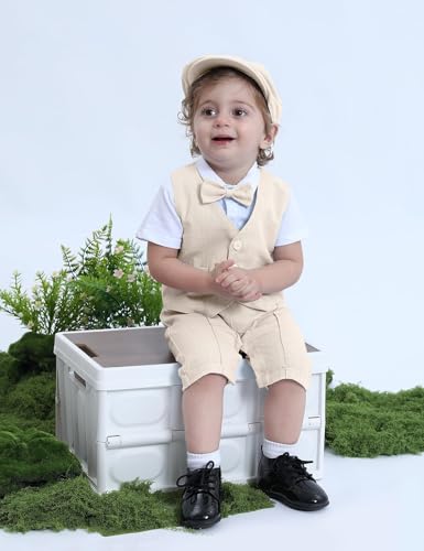 Image of A&J DESIGN 4pcs Baby Boys Suit, Gentleman Outfits 3 Months - 18 Months, Romper & Vest & Berets Hat & Bow Tie