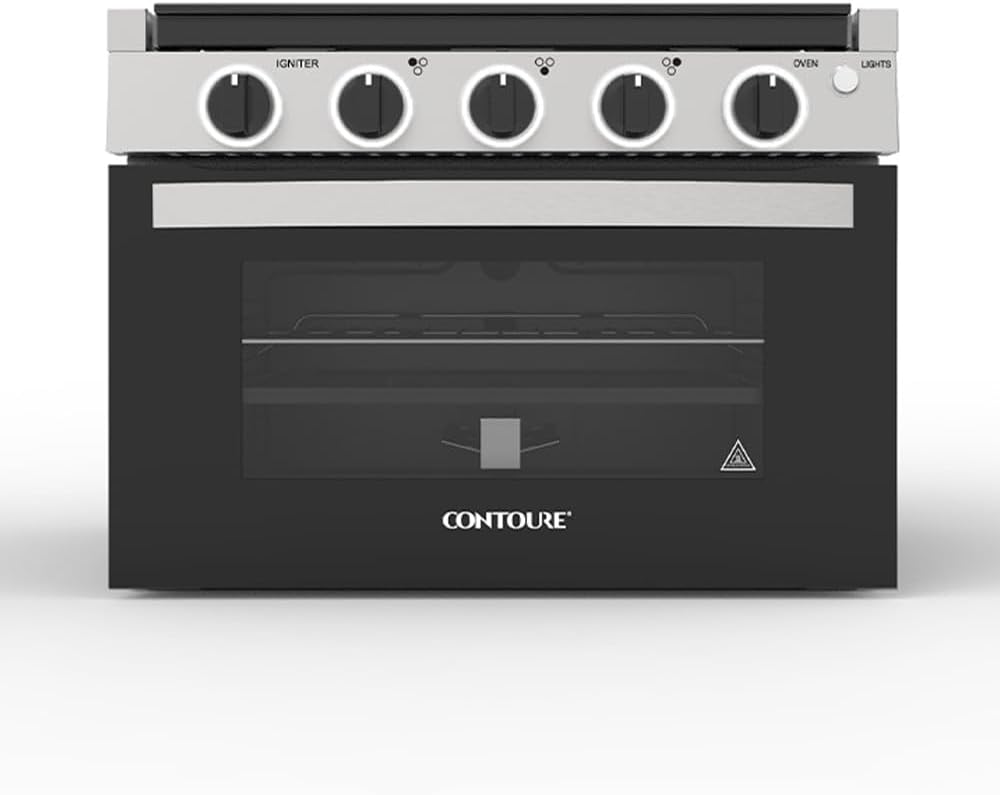 RV 3-Burner Drop-In Gas Range 17” – Propane-Powered RV Stove with Oven, Black with Stainless Steel Accents, LED Knobs, Easy-Clean Oven, CSA Certified, GR-17BTC