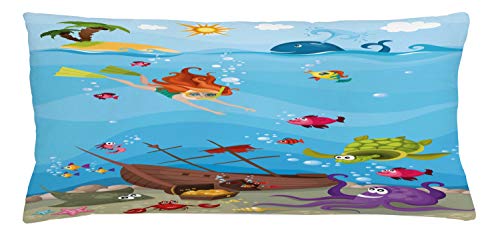 Lunarable Sea Throw Pillow Cushion Cover, Under The Sea Theme Cartoon Underwater Diving Sea Creatures Shells Seahorse Nautical, Decorative Rectangle Accent Pillow Case, 36