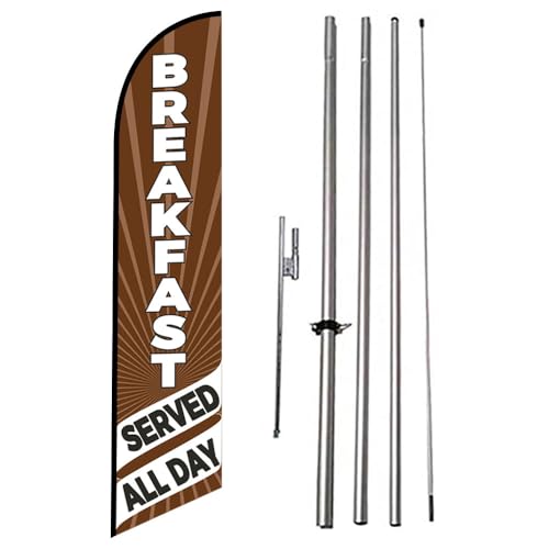 Breakfast Served All Day (Brown/White) Swooper Feather Flag for Restaurant or Cafe Advertising Sign Feather Flag Banner with Complete Pole Kit and Ground Stake