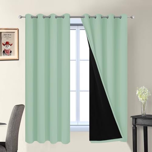 Image of Yakamok Light Sage 100% Blackout Curtains 63 Inches Long 52 inch Wide, 2 Panels | Blackout Curtain Panels for Bedroom, 2 Thick Layers Grommet Top Thermal Insulated Drapes with Black Liner for Living Room