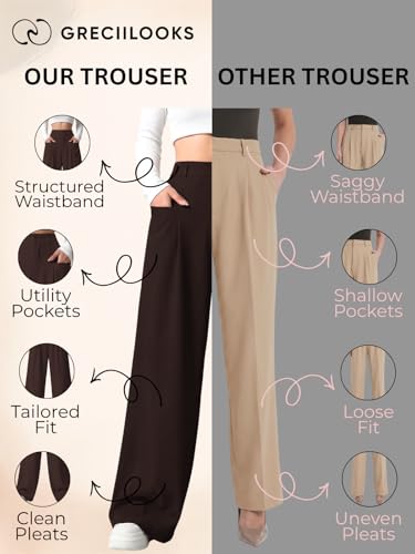 Image of GRECIILOOKS Trousers for Woman | Womens High Rise High Waist Flared Korean Style | Formal Pant for Women Office Wear| Track Pants for Womans Elegant for College & Events (Available in Plus Size)