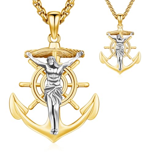 Anchor Jesus Cross Pendant Necklace for Men Women, 925 Sterling Silver Patron Jesus Medal Pendant Amulet Religious Protection Jewelry Gifts