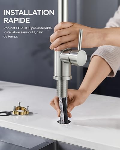FORIOUS Robinet Cuisine, Mitigeur Cuisine avec Douchette Extractible, Robinet Evier de Cuisine Pivotant à 360° adapté aux éviers à forte courbure, 2 modes, Acier Inoxydable – vue 9