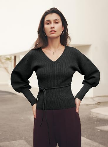 MIHOLL Womens Sweaters Trendy Sexy V Neck Puff Sleeve Pullover Dressy Casual Long Sleeve Fall Sweater Tops3