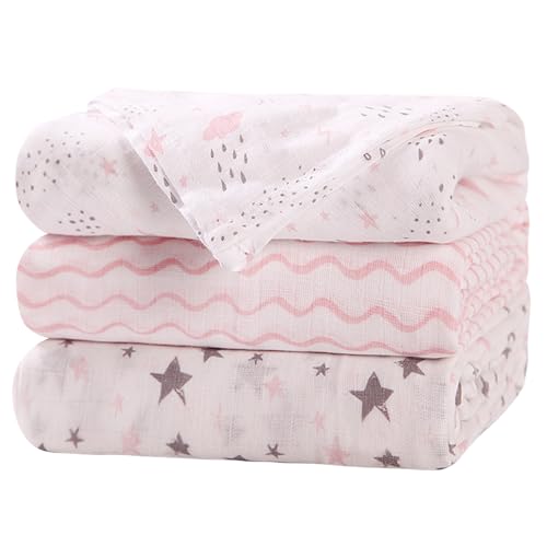 Image of Little Grape Land Muslin Swaddle Blankets, 100% Cotton Muslin Blankets, Large Size Baby Receiveing Blankets, Neutral Soft Baby Blankets for Newborns - Pink / 47x47in, 3 Pack