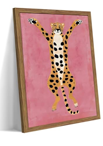 Framed Funny Cheetah Canvas Wall Art, Cute Stretching Cheetah Poster Print, Pink Background Animal Artwork, Modern Minimalist Wall Decor for Bedroom Living Room Kids Room Nursery 8x10in