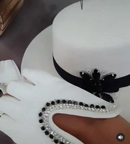 Handmade Embellished Wide Brim White Fedora Hat Rhinestone Panama Hat With Gloves #TOP4