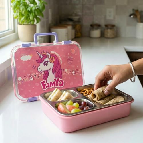 Image of Famyo Bento Lunch Box for Kids, June Unicorn | Leakproof, Stainless Steel, 3 Compartment, 4 Clip Lock & Secret Compartment, BPA Free