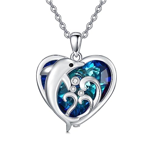 VONALA Collier dauphin pour femme en argent 925 avec pendentif en forme de cœur bleu et cristal - Bijou pour petite amie, femme, mère, fille, Argent sterling, Cristal