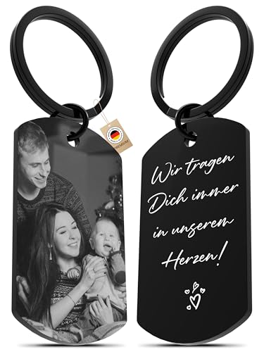 Meinearmbänder® Personalisierter Schlüsselanhänger mit Foto & Gravur – Für Männer, Frauen & Väter – Edelstahl Anhänger, Auto Glücksbringer, Individuelles Erinnerungsstück, ideal zu Weihnachten