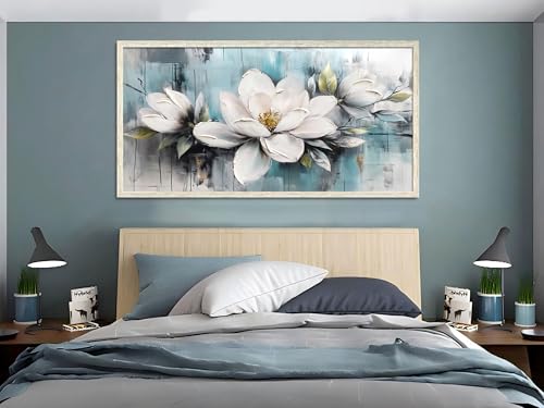 Ardemy Magnolia Wall Art Framed Canvas Wall Decor Living Room, White Floral Picture Wall Decor Teal Painting Flower Textured Artwork for Bedroom Dining Room Home Office 40"x20" - Image 6