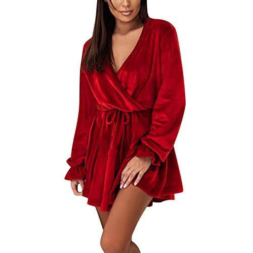 Women's V Neck A-Line Dress Mini Swing Party Wedding Long Flared Sleeve Dresses Casual Soft Velvet Belted Dress (Red, Xxl) #TOP20