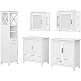 Bush Furniture Key West 64W Double Vanity Set with Sinks, Medicine Cabinets and Linen Tower in White Ash