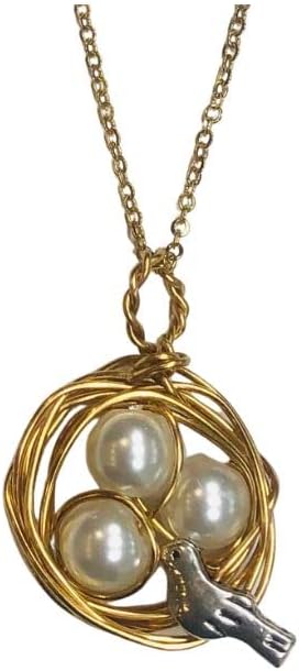 Gold Birds Nest Pendant with 3 White Pearl Eggs on a 24 inch stainless steel gold tone link chain